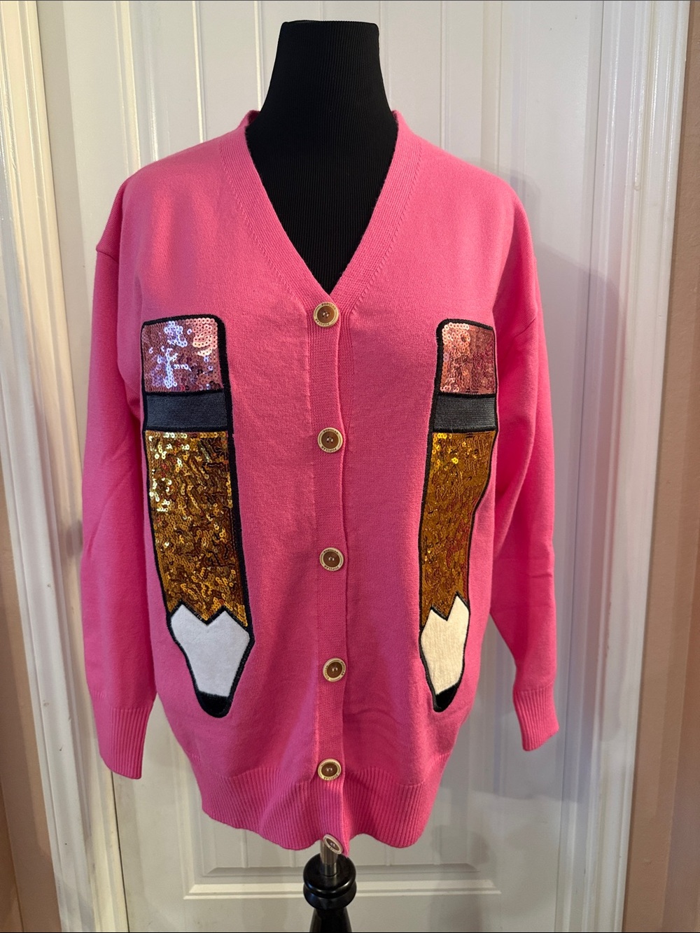 Hot Pink Sequin Pencil Teacher Cardigan Sweater 2XL New in its Packaging